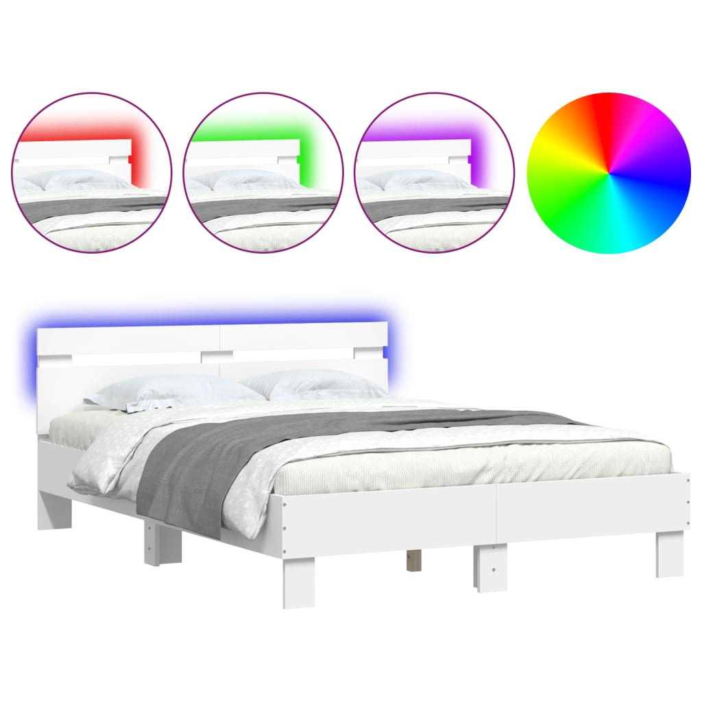 vidaXL Rama łóżka z wezgłowiem i LED, biała, 120x190 cm