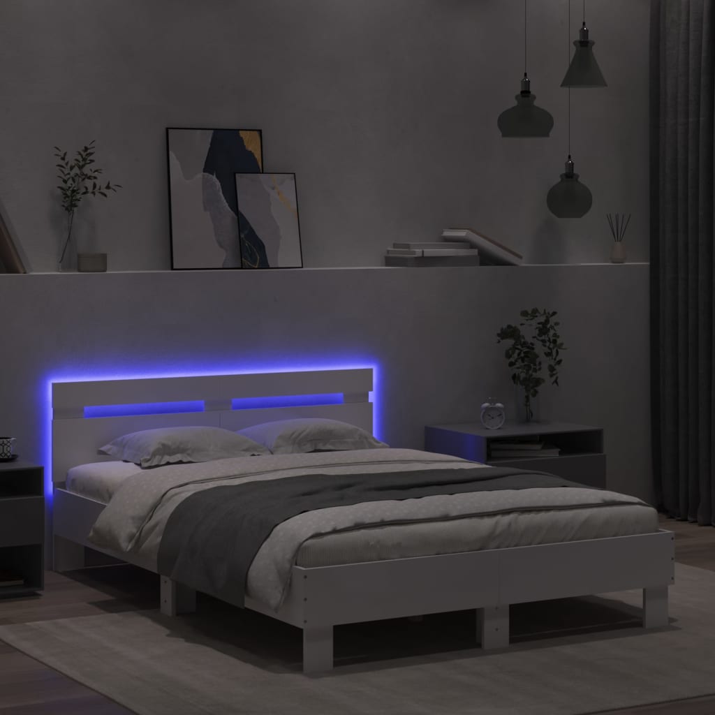vidaXL Rama łóżka z wezgłowiem i LED, biała, 120x190 cm