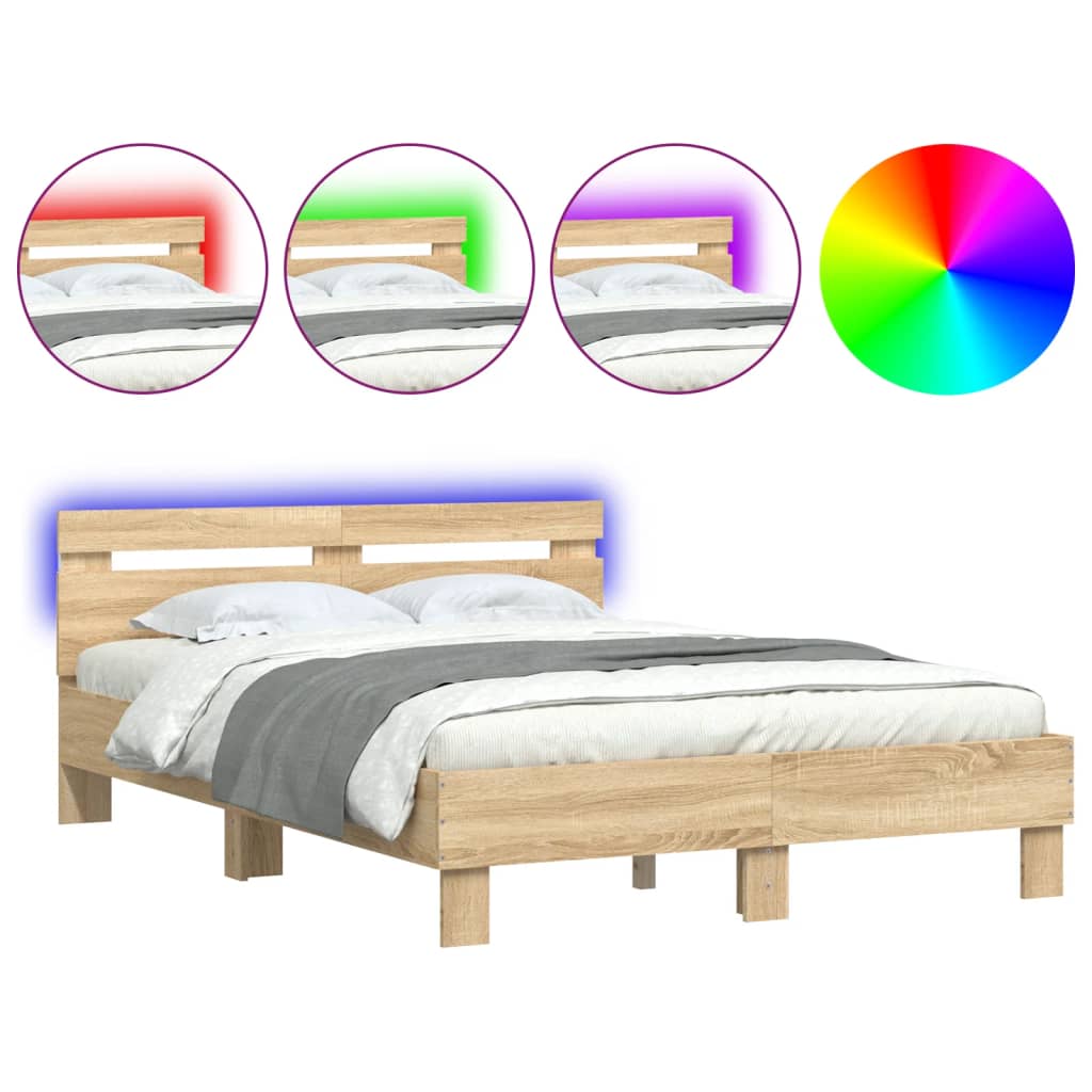 vidaXL Rama łóżka z wezgłowiem i LED, dąb sonoma, 120x190 cm