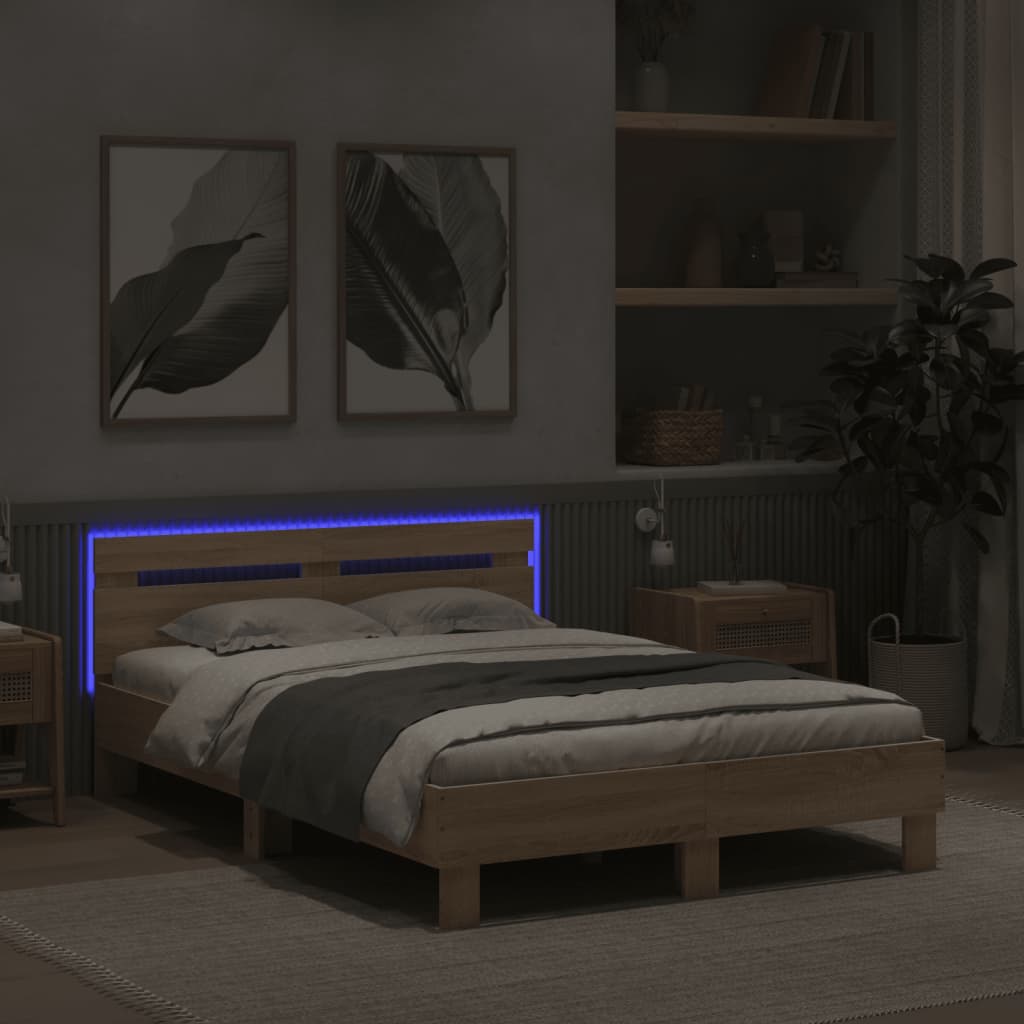 vidaXL Rama łóżka z wezgłowiem i LED, dąb sonoma, 120x190 cm