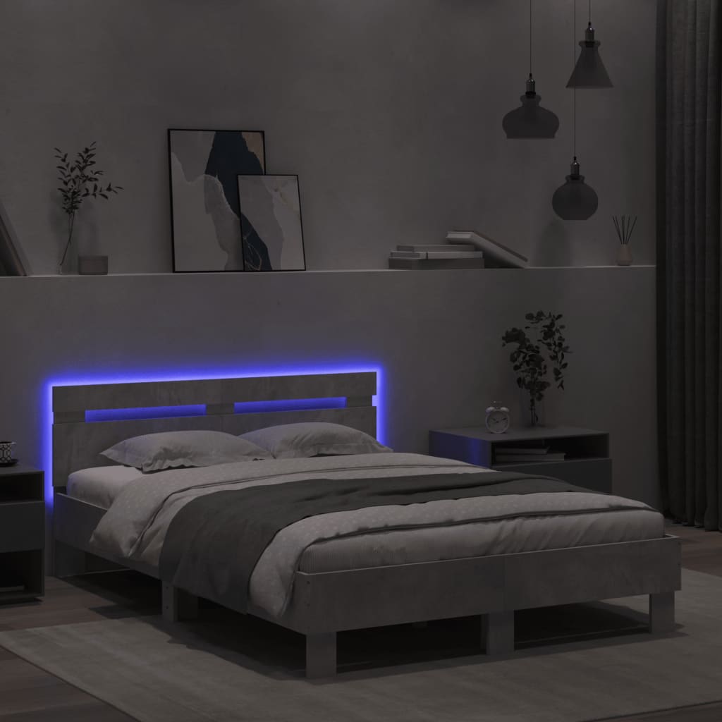 vidaXL Rama łóżka z wezgłowiem i LED, szarość betonu, 120x190 cm