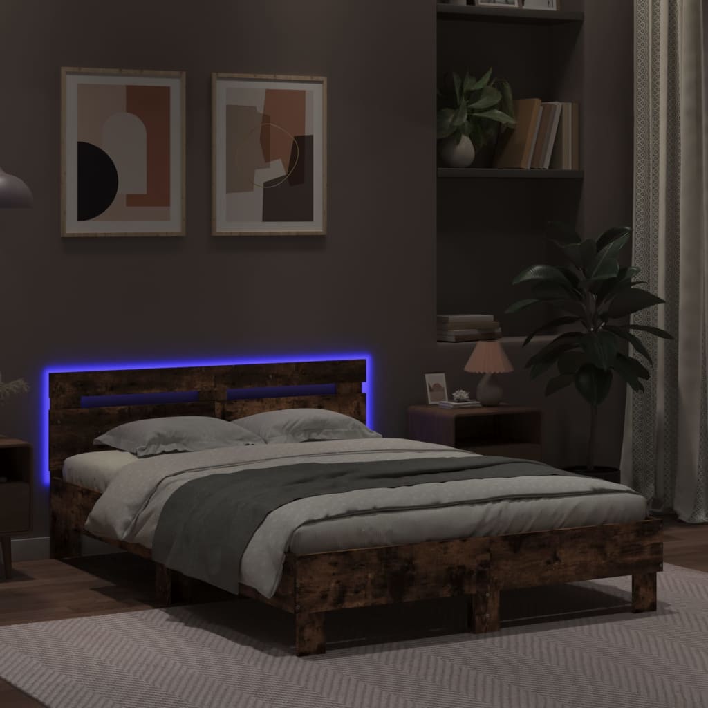vidaXL Rama łóżka z wezgłowiem i LED, przydymiony dąb, 120x190 cm