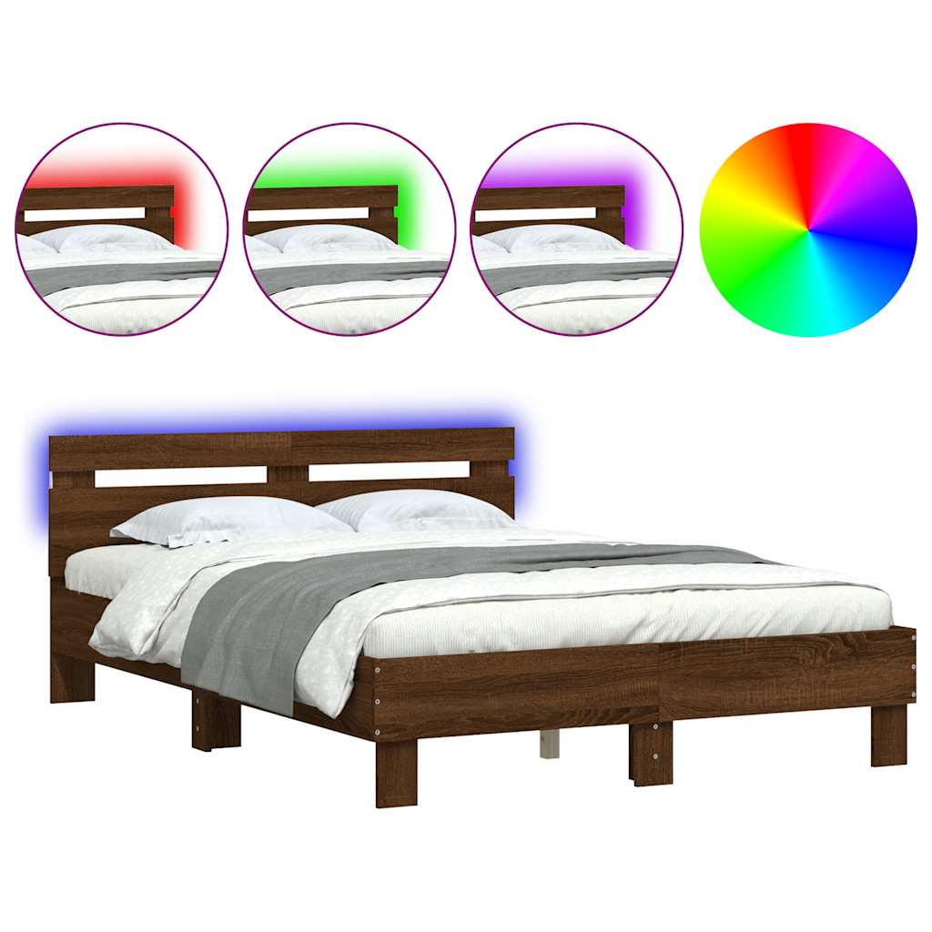 vidaXL Rama łóżka z wezgłowiem i LED, brązowy dąb, 120x190 cm