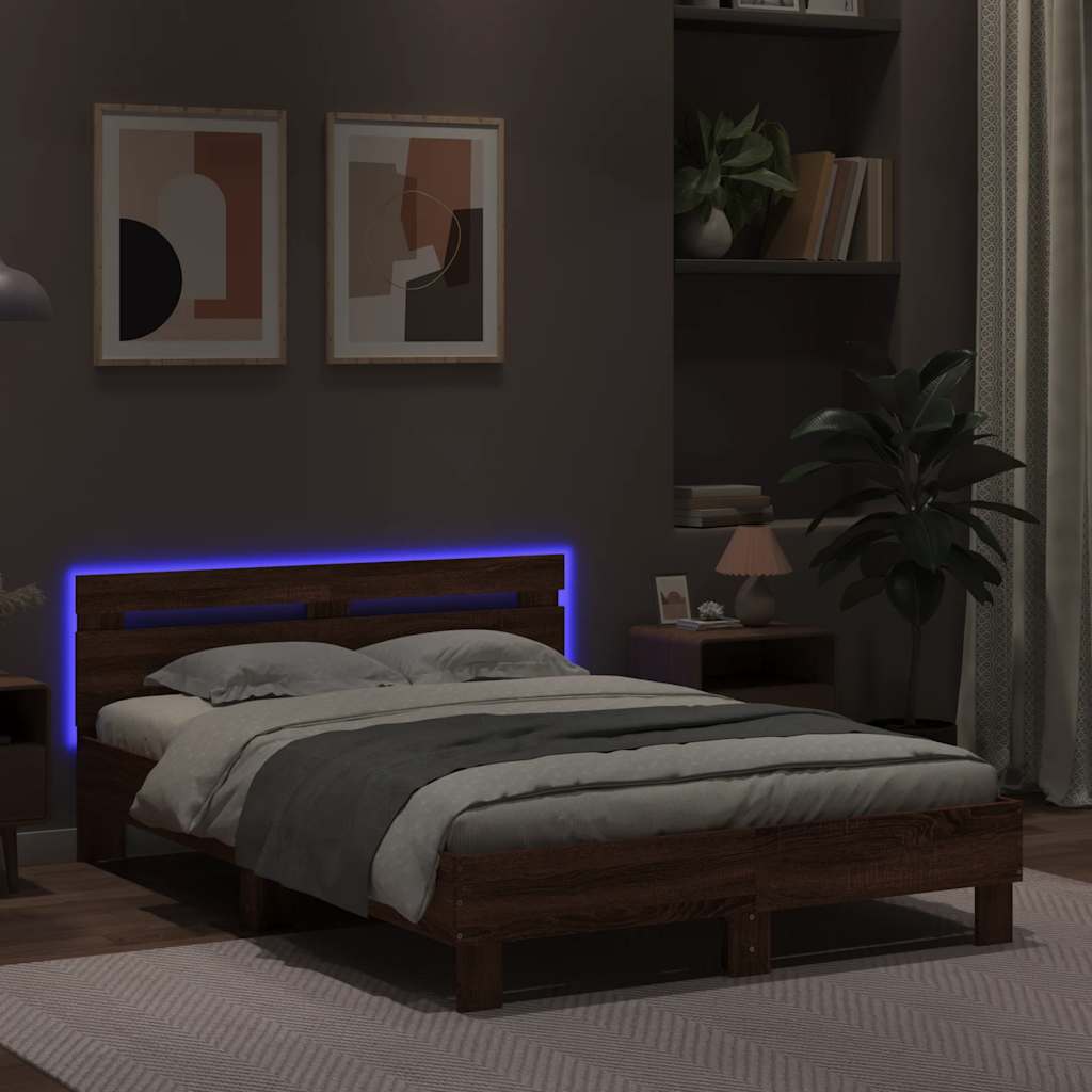 vidaXL Rama łóżka z wezgłowiem i LED, brązowy dąb, 120x190 cm