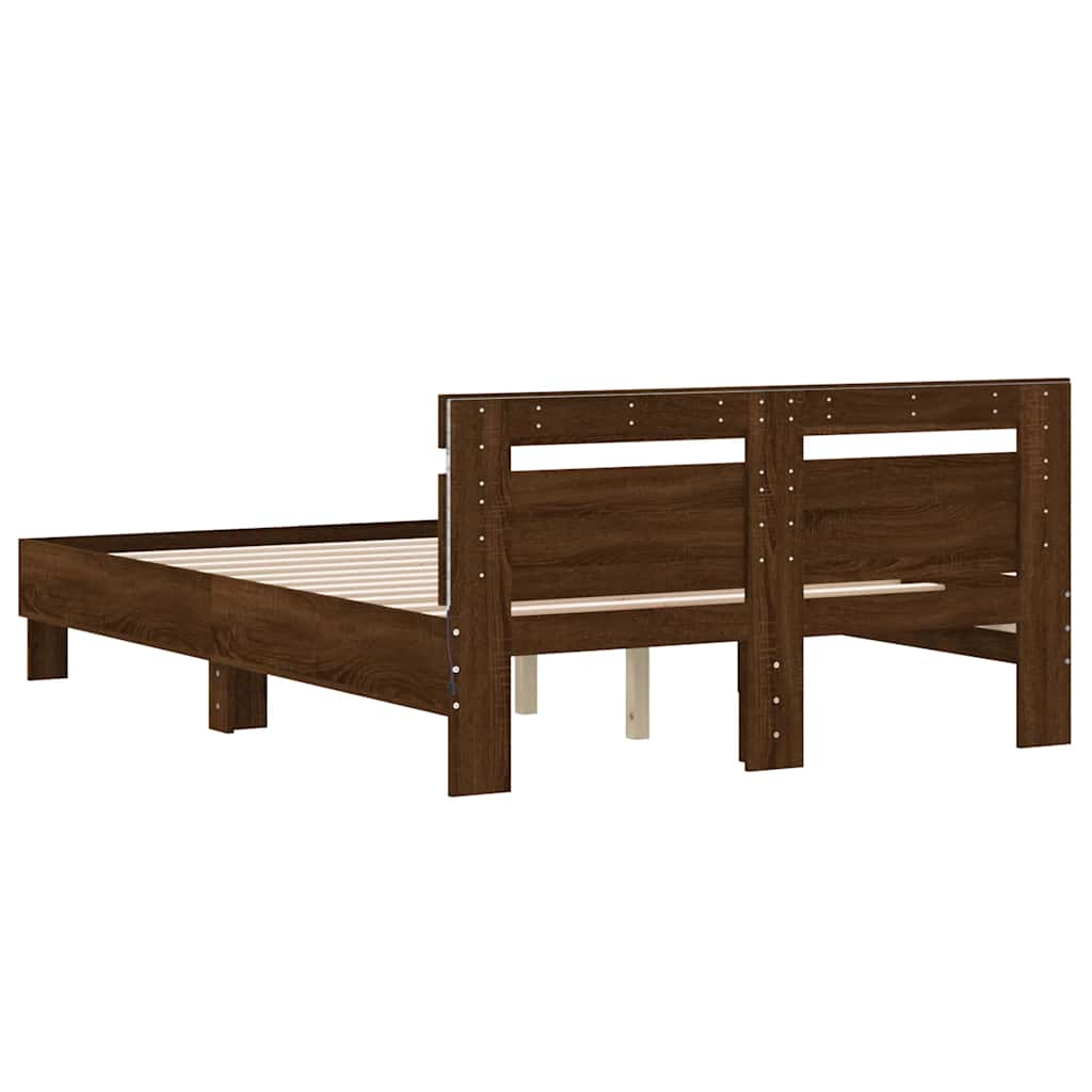 vidaXL Rama łóżka z wezgłowiem i LED, brązowy dąb, 120x190 cm