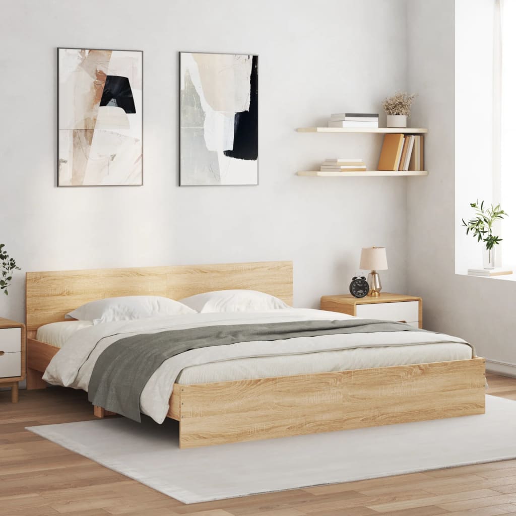 vidaXL Rama łóżka z wezgłowiem i LED, dąb sonoma, 200x200 cm