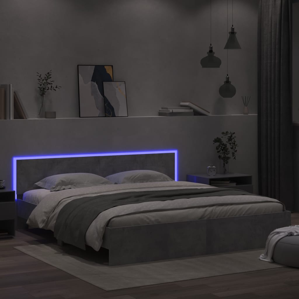 vidaXL Rama łóżka z wezgłowiem i LED, szarość betonu, 200x200 cm