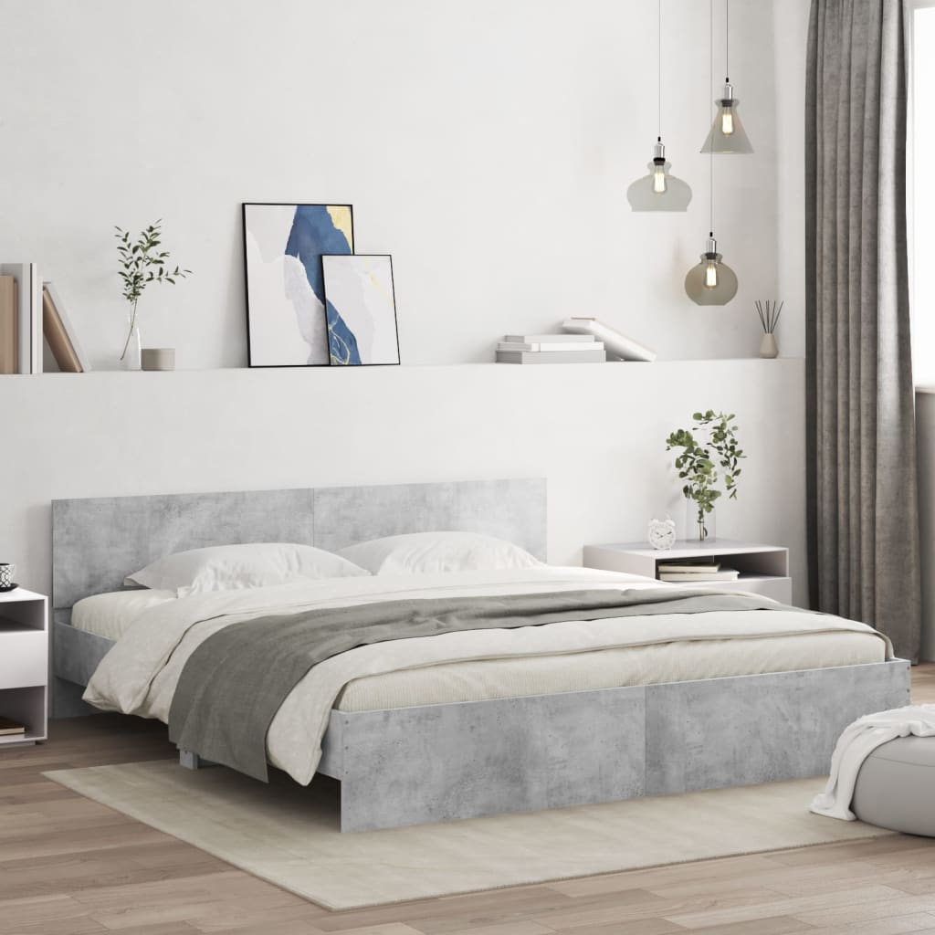 vidaXL Rama łóżka z wezgłowiem i LED, szarość betonu, 200x200 cm