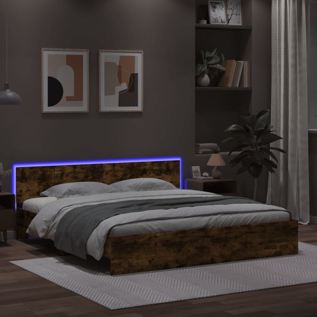 vidaXL Rama łóżka z wezgłowiem i LED, przydymiony dąb, 200x200 cm