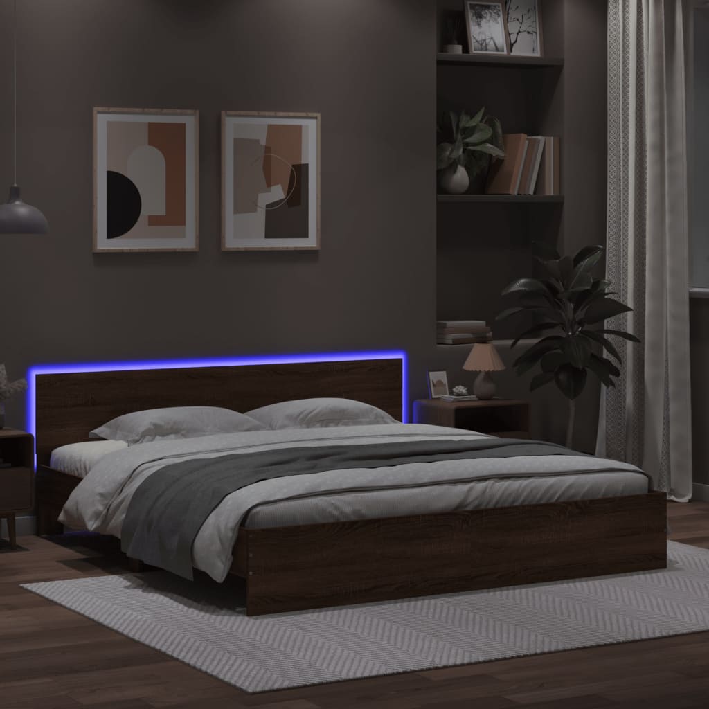 vidaXL Rama łóżka z wezgłowiem i LED, brązowy dąb, 200x200 cm