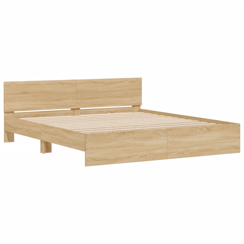 vidaXL Rama łóżka z wezgłowiem i LED, dąb sonoma, 180x200 cm