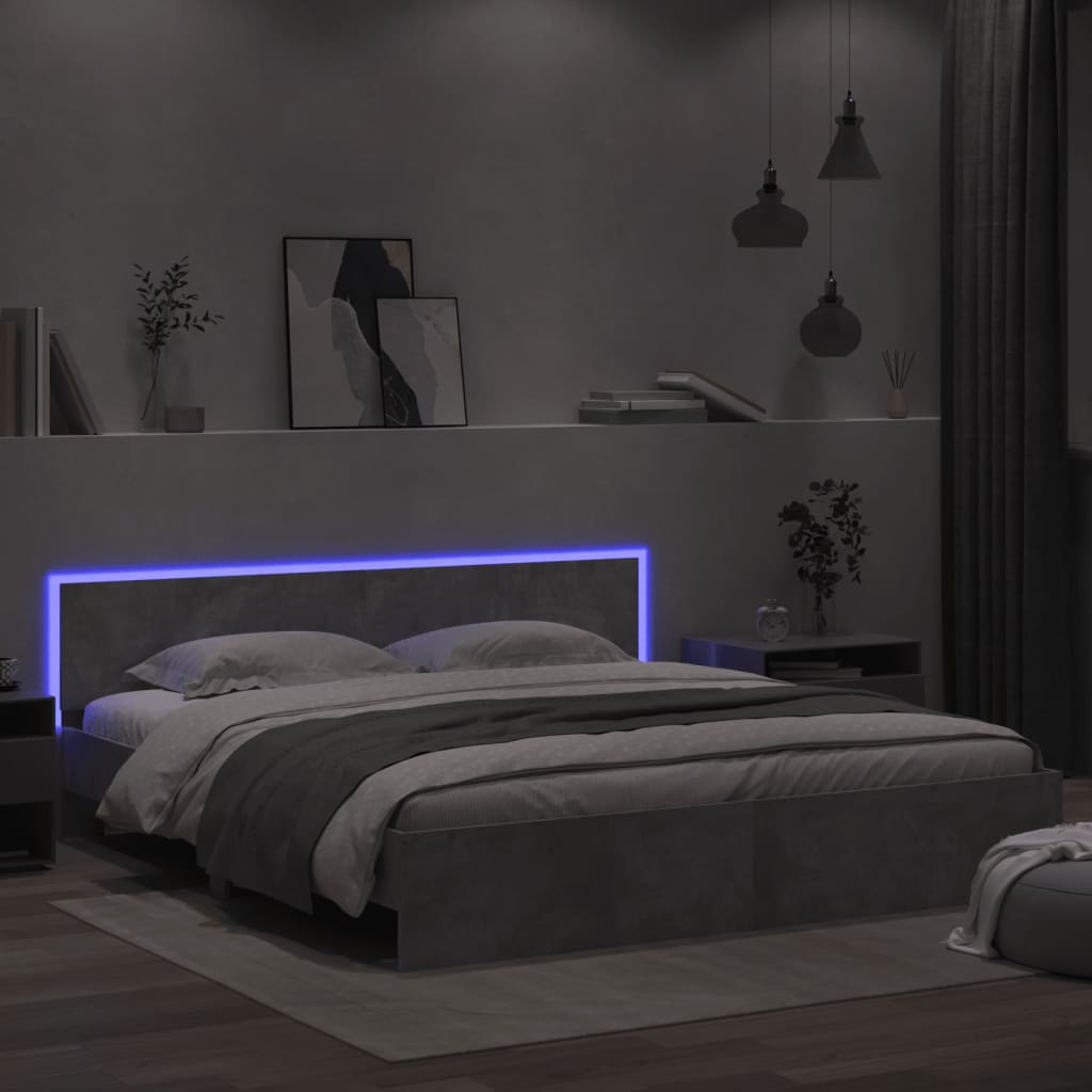 vidaXL Rama łóżka z wezgłowiem i LED, szarość betonu, 180x200 cm