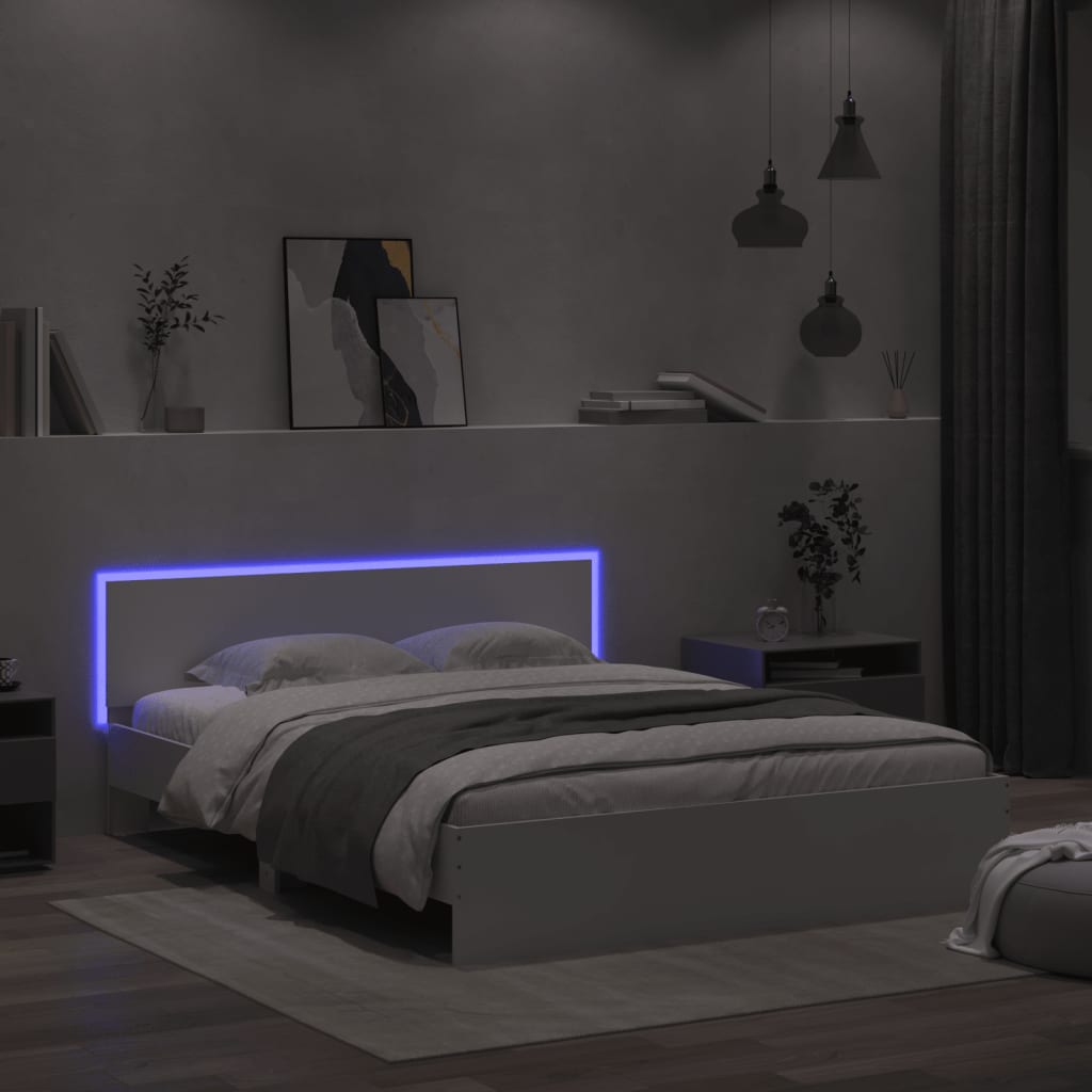 vidaXL Rama łóżka z wezgłowiem i LED, biała, 160x200 cm