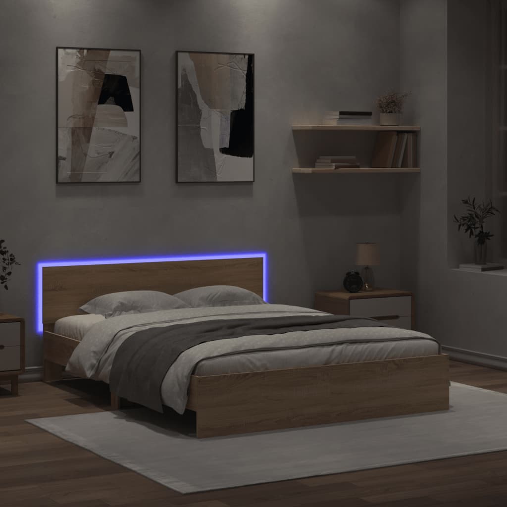 vidaXL Rama łóżka z wezgłowiem i LED, dąb sonoma, 160x200 cm