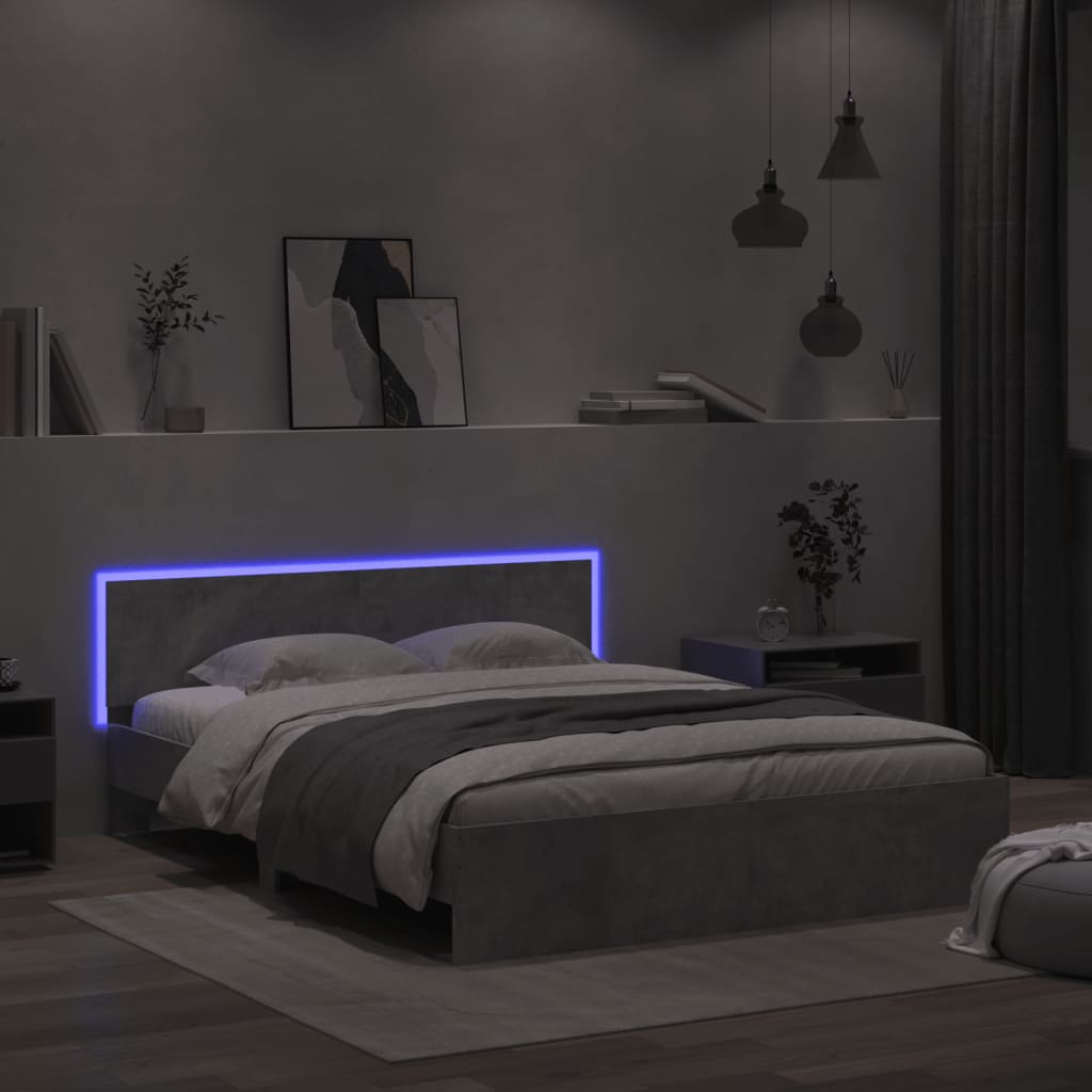 vidaXL Rama łóżka z wezgłowiem i LED, szarość betonu, 160x200 cm