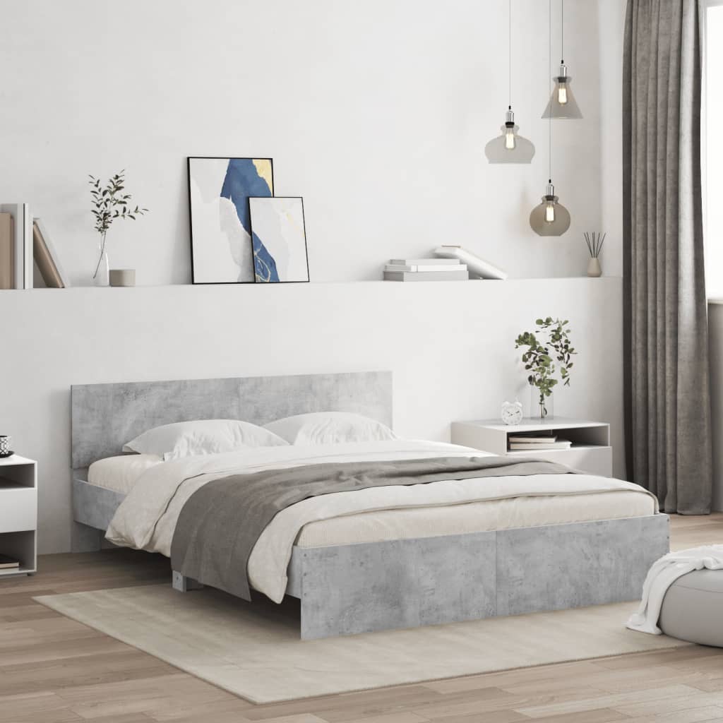 vidaXL Rama łóżka z wezgłowiem i LED, szarość betonu, 160x200 cm