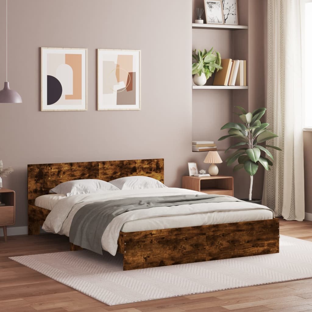 vidaXL Rama łóżka z wezgłowiem i LED, przydymiony dąb, 160x200 cm