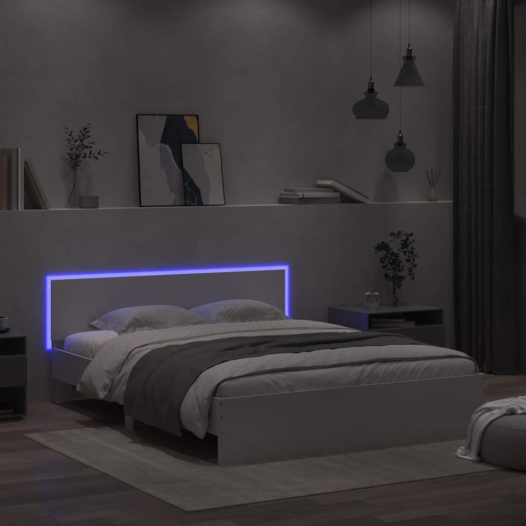 vidaXL Rama łóżka z wezgłowiem i LED, biała, 150x200 cm
