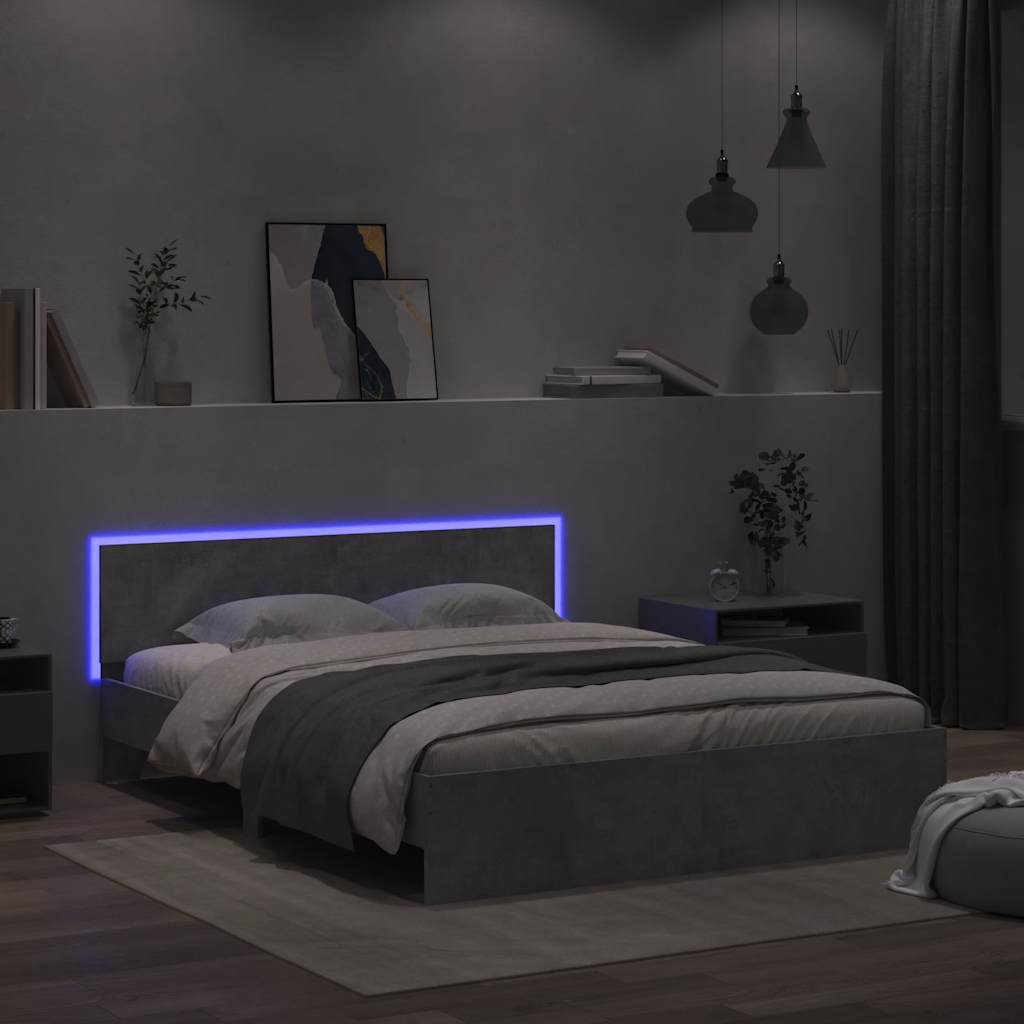 vidaXL Rama łóżka z wezgłowiem i LED, szarość betonu, 150x200 cm