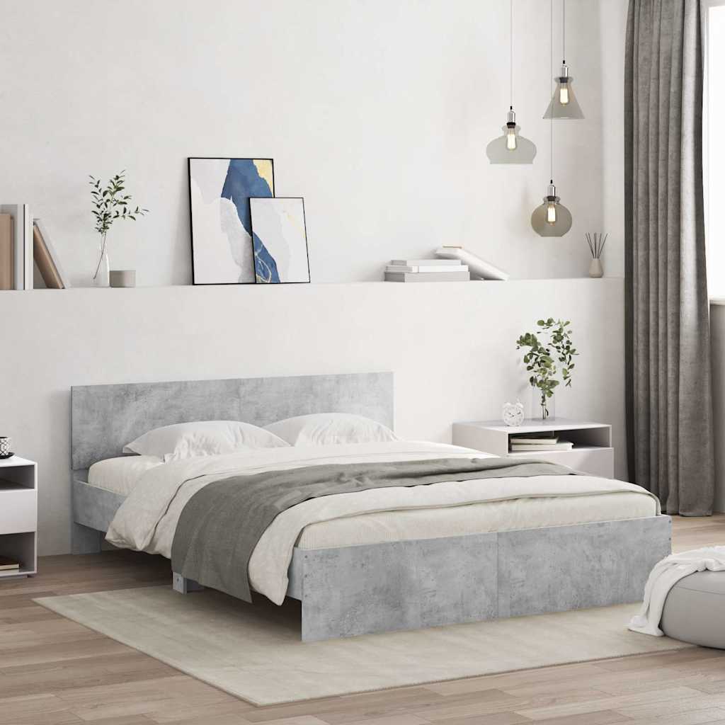 vidaXL Rama łóżka z wezgłowiem i LED, szarość betonu, 150x200 cm
