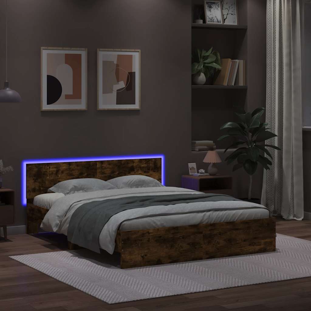 vidaXL Rama łóżka z wezgłowiem i LED, przydymiony dąb, 150x200 cm