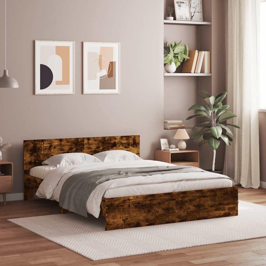 vidaXL Rama łóżka z wezgłowiem i LED, przydymiony dąb, 150x200 cm
