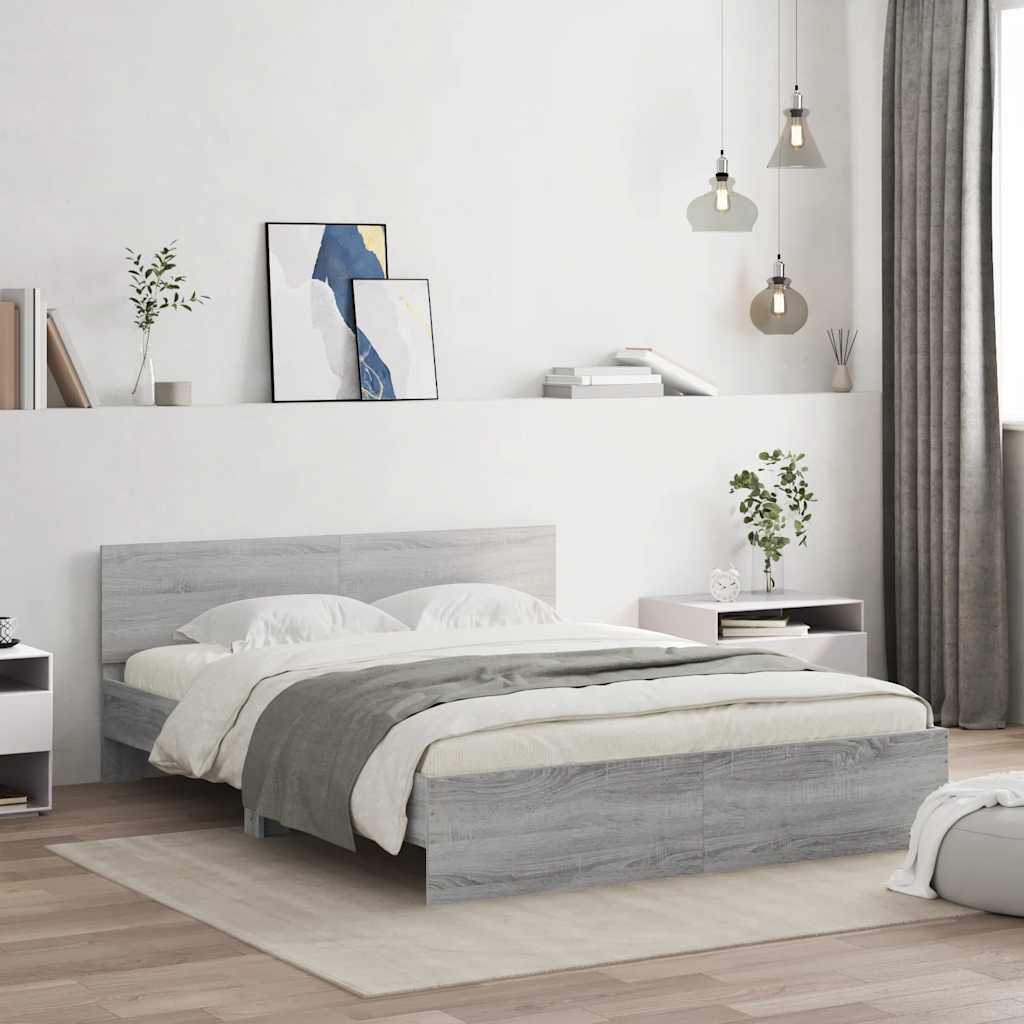 vidaXL Rama łóżka z wezgłowiem i LED, szary dąb sonoma, 150x200 cm