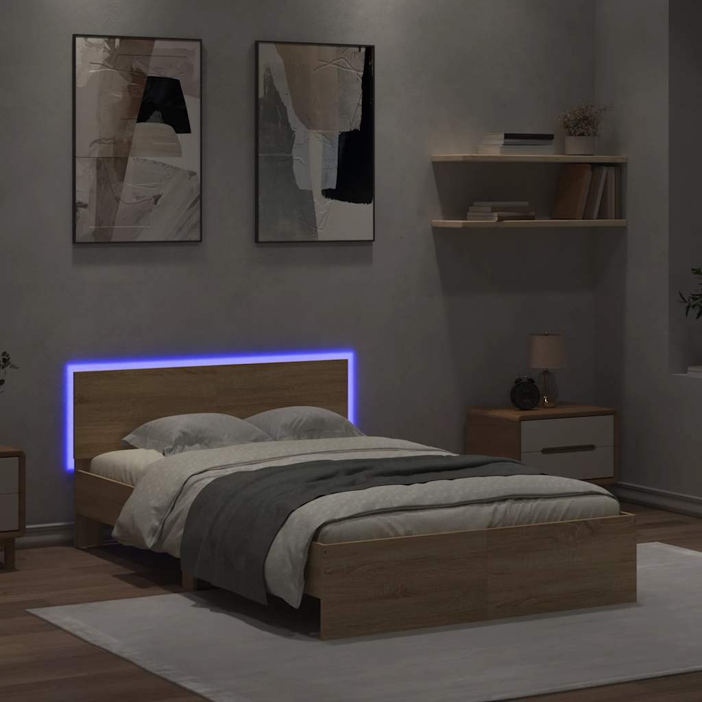 vidaXL Rama łóżka z wezgłowiem i LED, dąb sonoma, 140x200 cm