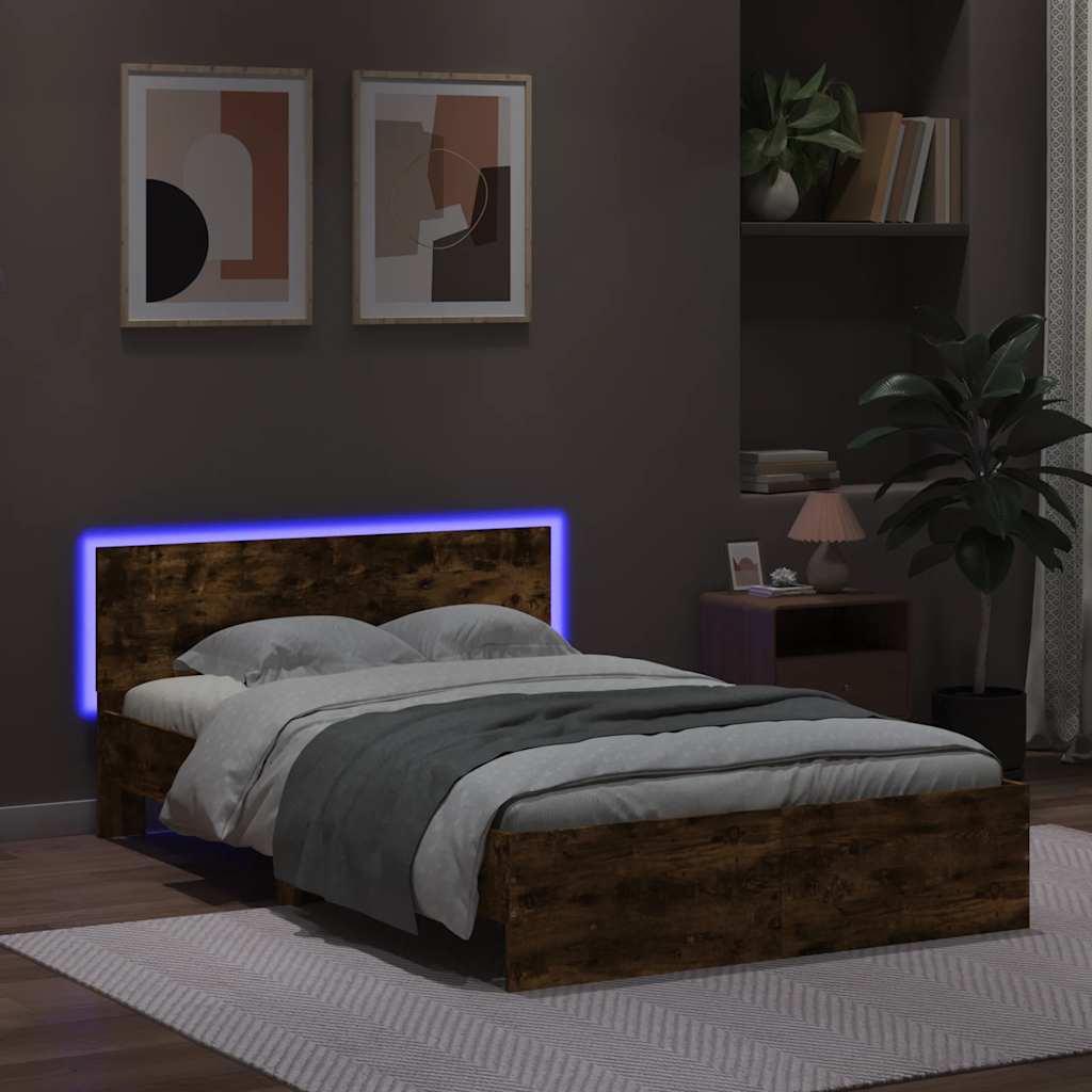 vidaXL Rama łóżka z wezgłowiem i LED, przydymiony dąb, 140x200 cm