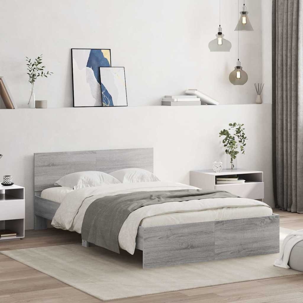vidaXL Rama łóżka z wezgłowiem i LED, szary dąb sonoma, 140x200 cm