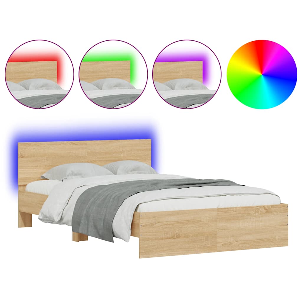 vidaXL Rama łóżka z wezgłowiem i LED, dąb sonoma, 120x200 cm