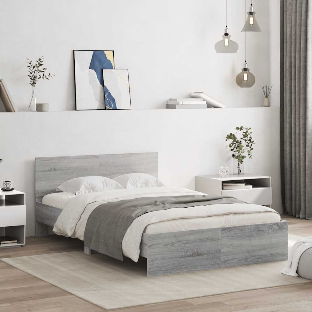 vidaXL Rama łóżka z wezgłowiem i LED, szary dąb sonoma, 120x200 cm