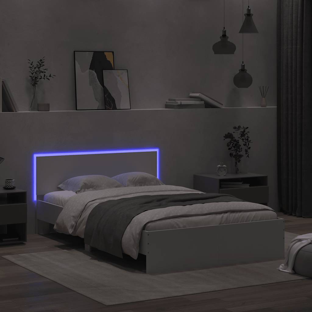 vidaXL Rama łóżka z wezgłowiem i LED, biała, 140x190 cm