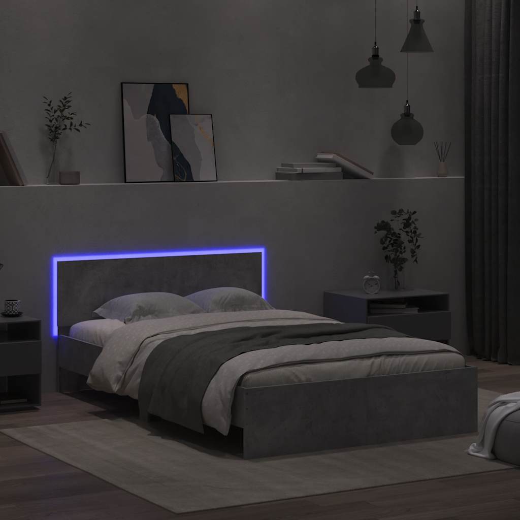 vidaXL Rama łóżka z wezgłowiem i LED, szarość betonu, 140x190 cm