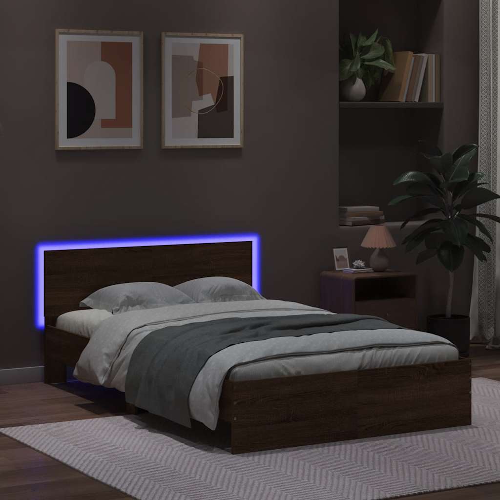 vidaXL Rama łóżka z wezgłowiem i LED, brązowy dąb, 140x190 cm