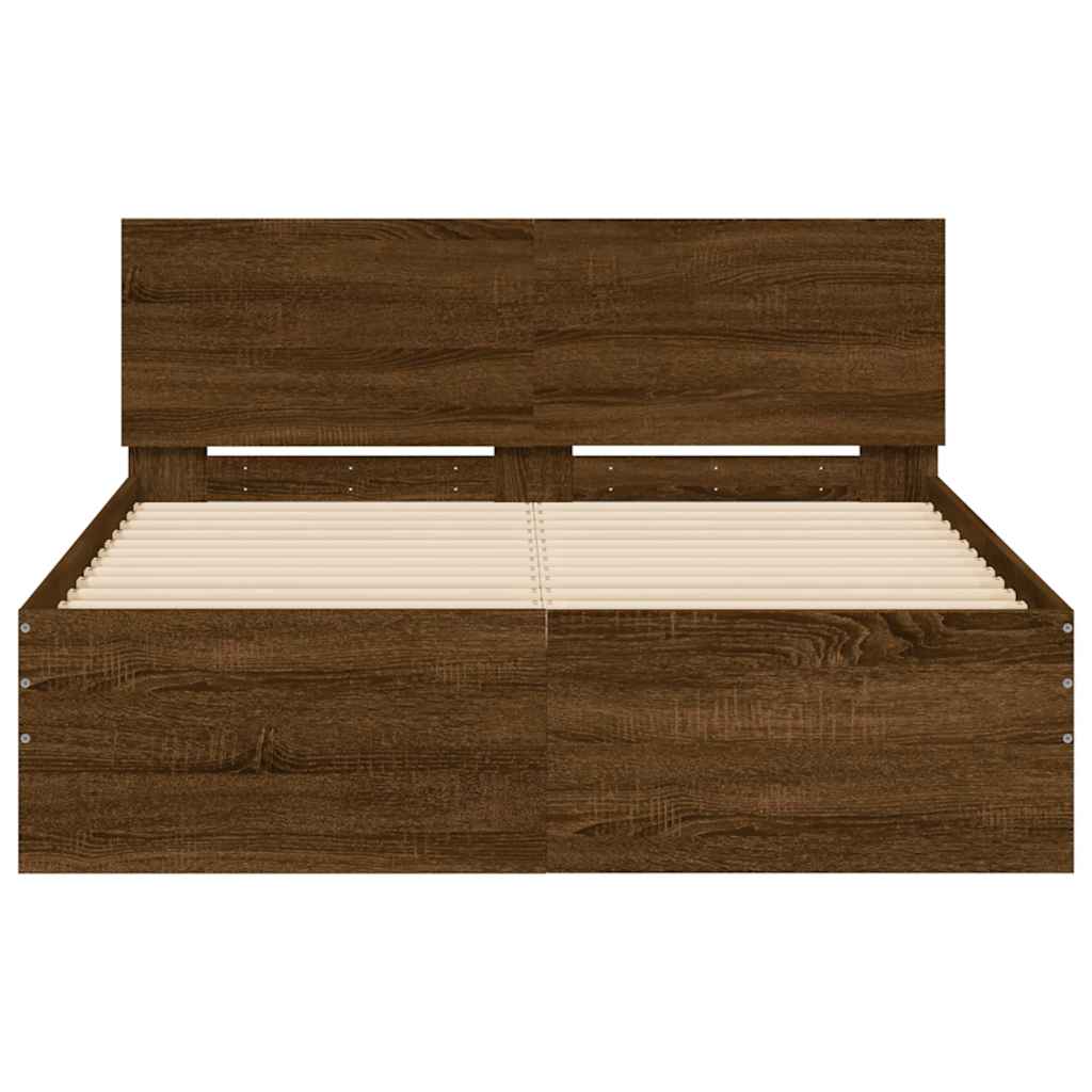 vidaXL Rama łóżka z wezgłowiem i LED, brązowy dąb, 140x190 cm