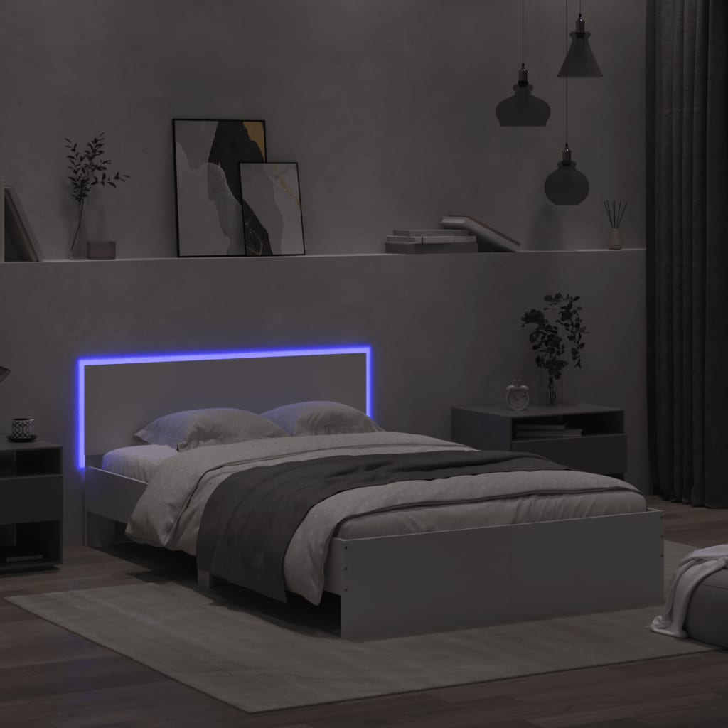 vidaXL Rama łóżka z wezgłowiem i LED, biała, 135x190 cm