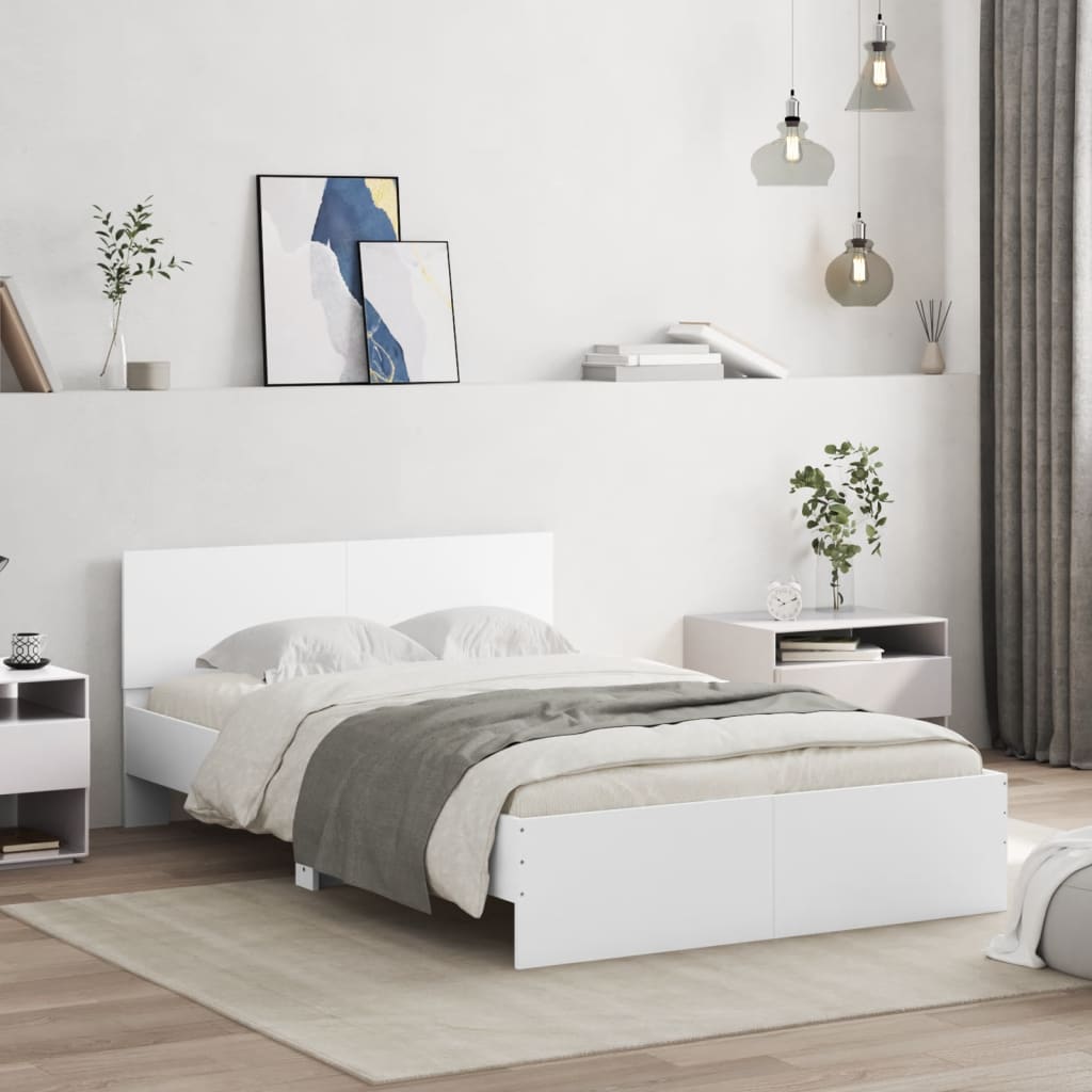 vidaXL Rama łóżka z wezgłowiem i LED, biała, 135x190 cm