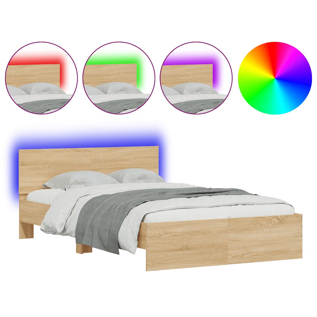 vidaXL Rama łóżka z wezgłowiem i LED, dąb sonoma, 135x190 cm