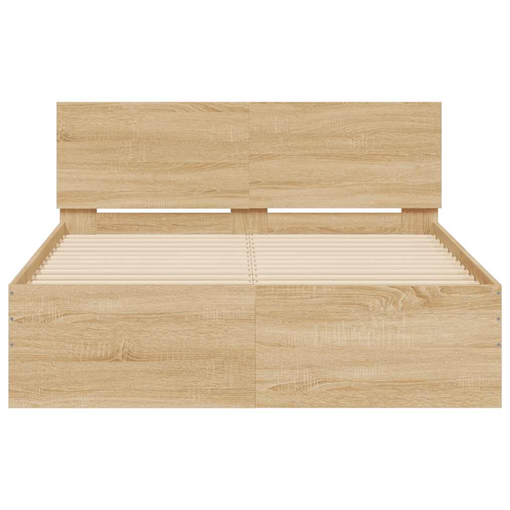 vidaXL Rama łóżka z wezgłowiem i LED, dąb sonoma, 135x190 cm