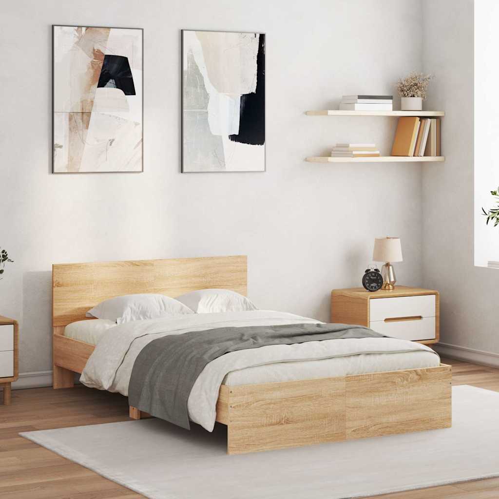 vidaXL Rama łóżka z wezgłowiem i LED, dąb sonoma, 135x190 cm