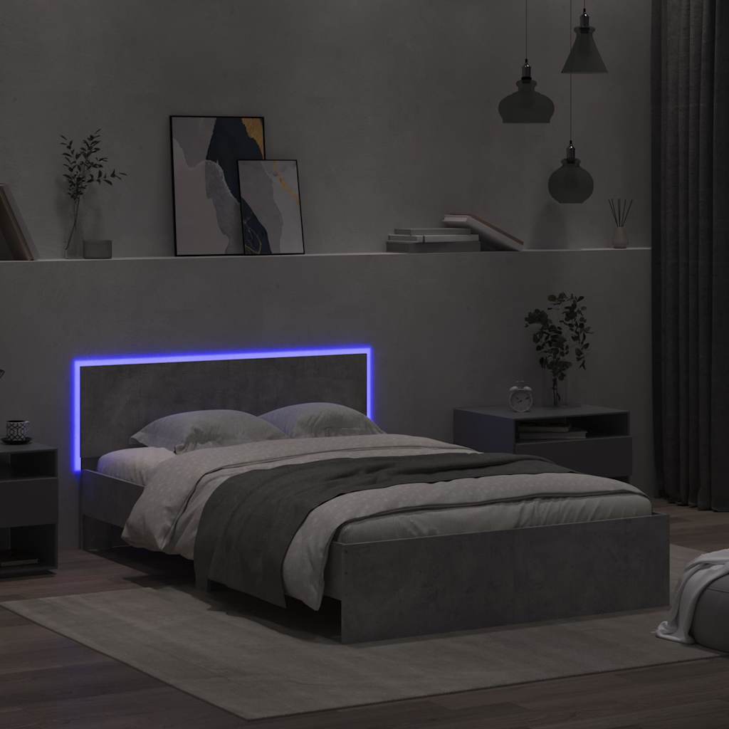 vidaXL Rama łóżka z wezgłowiem i LED, szarość betonu, 135x190 cm