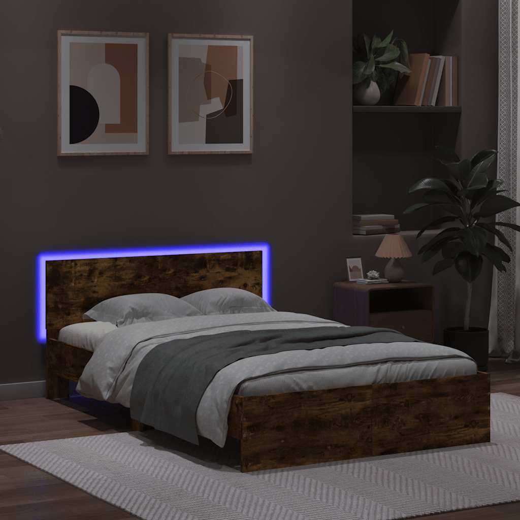 vidaXL Rama łóżka z wezgłowiem i LED, przydymiony dąb, 135x190 cm