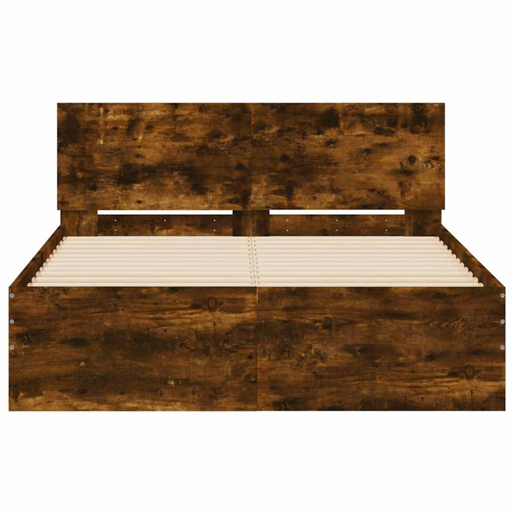 vidaXL Rama łóżka z wezgłowiem i LED, przydymiony dąb, 135x190 cm