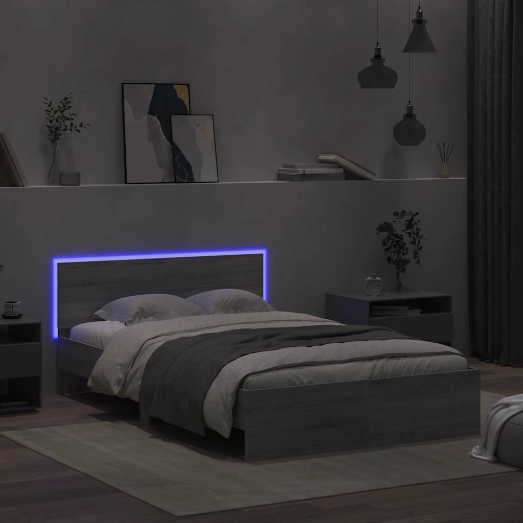 vidaXL Rama łóżka z wezgłowiem i LED, szary dąb sonoma, 135x190 cm
