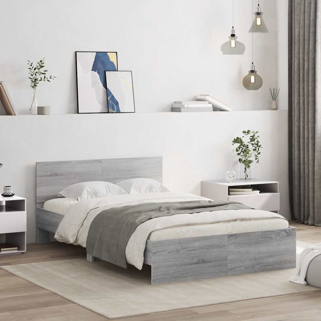 vidaXL Rama łóżka z wezgłowiem i LED, szary dąb sonoma, 135x190 cm