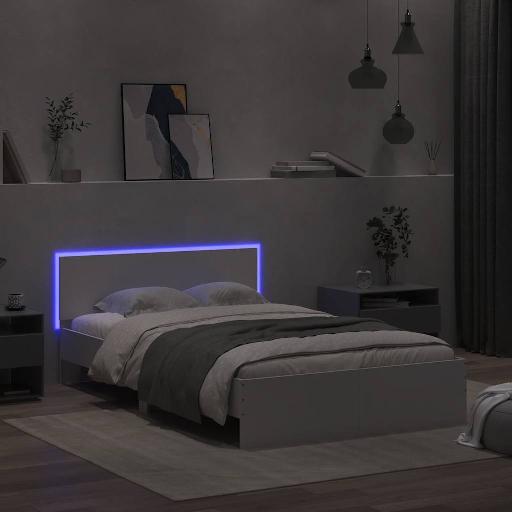 vidaXL Rama łóżka z wezgłowiem i LED, biała, 120x190 cm