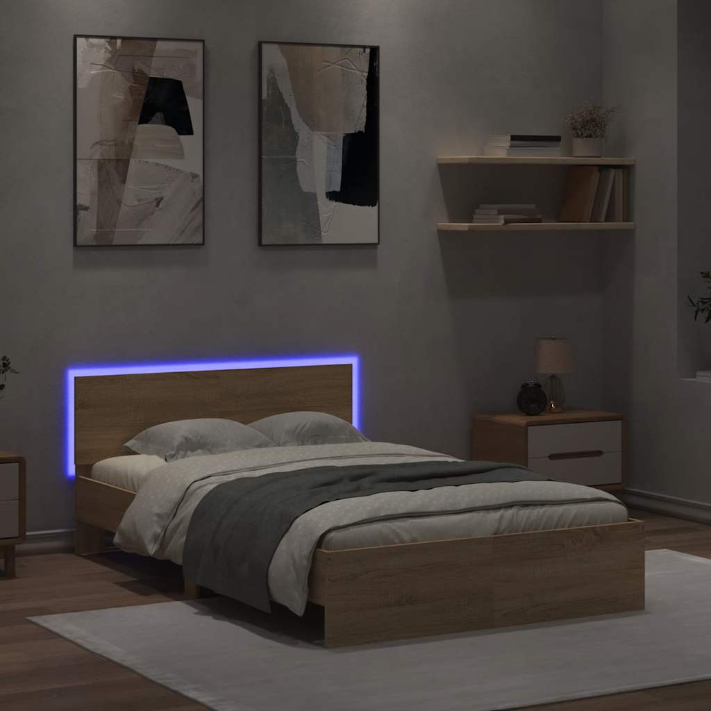 vidaXL Rama łóżka z wezgłowiem i LED, dąb sonoma, 120x190 cm