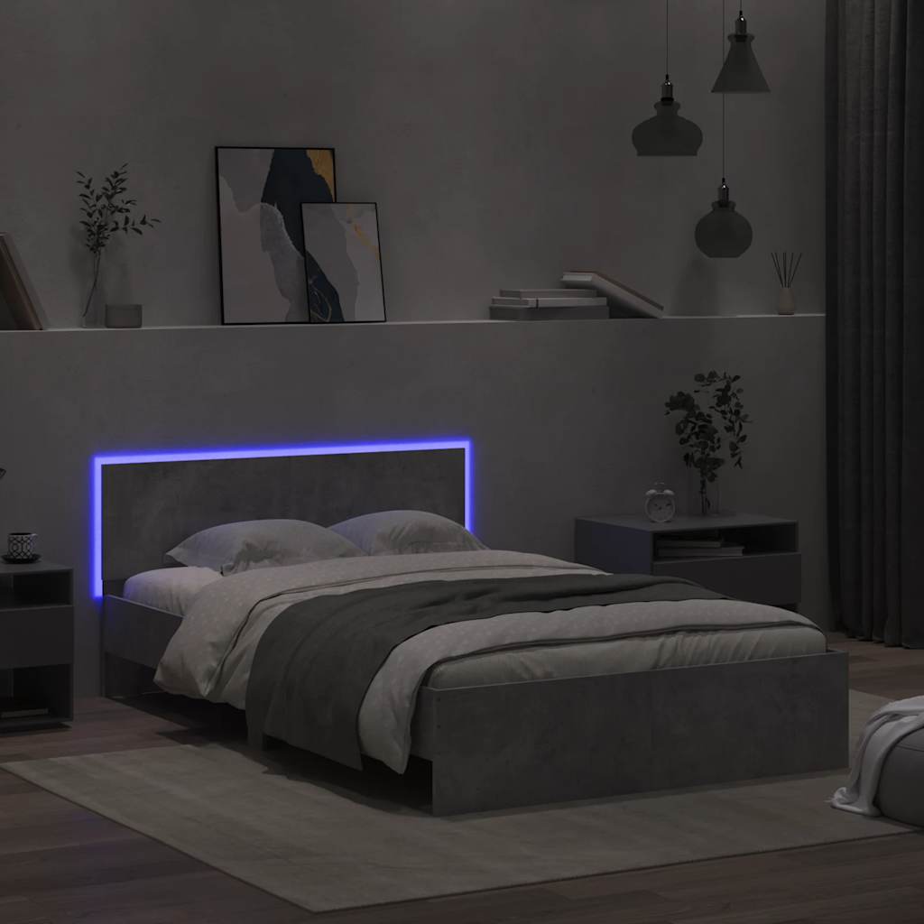 vidaXL Rama łóżka z wezgłowiem i LED, szarość betonu, 120x190 cm