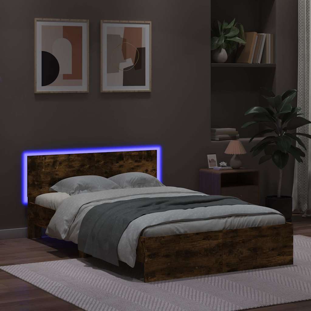 vidaXL Rama łóżka z wezgłowiem i LED, przydymiony dąb, 120x190 cm